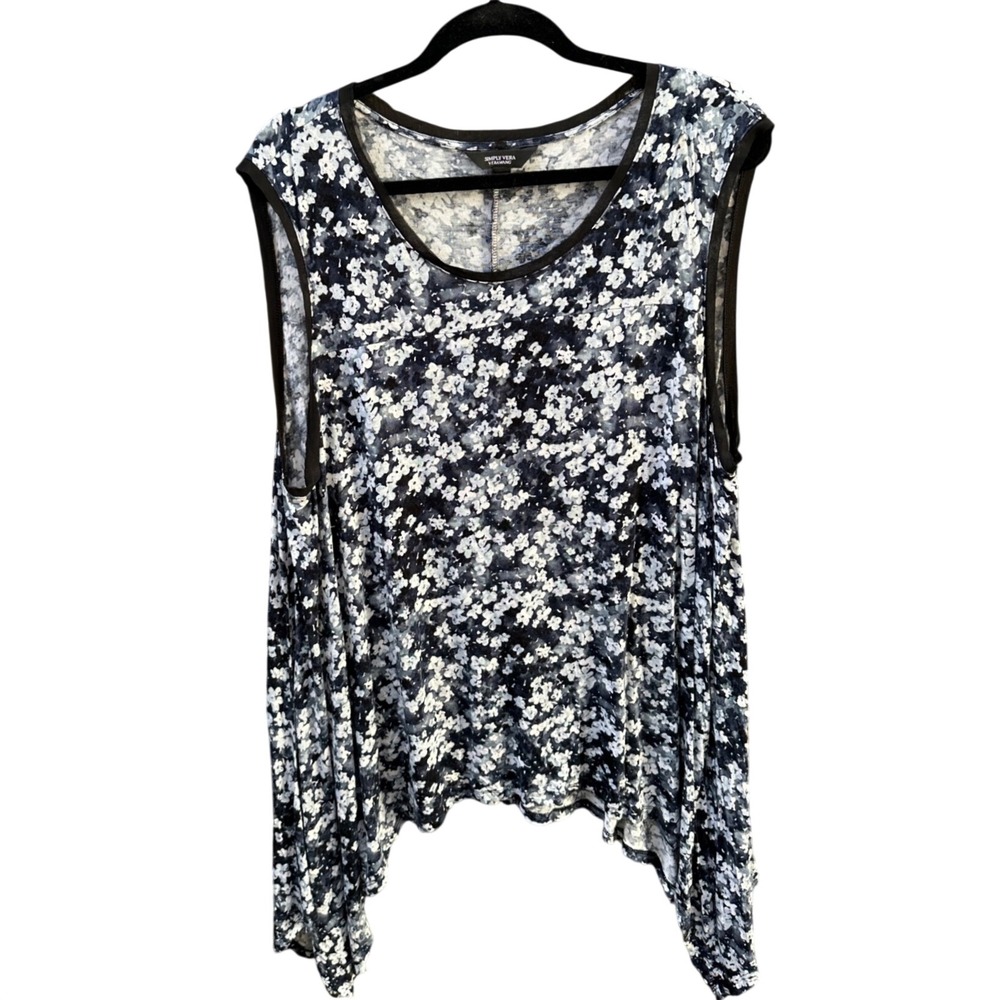 Simply Vera Vera Wang Women 2X Navy White Floral Sharkbite Hem Sleeveless Top